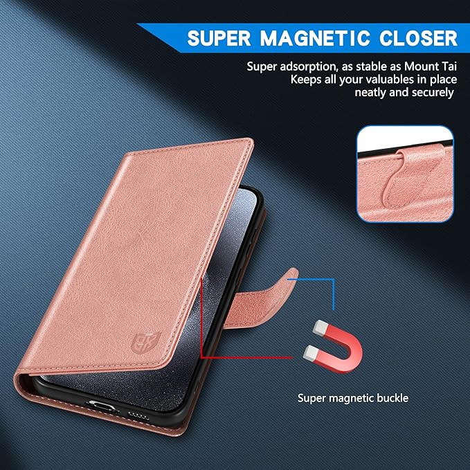 ZZXX for iPhone 15 Pro Wallet Case with [RFID Blocking] Card Slot Kickstand Magnetic Closure Leather Flip Fold Protective Phone Case for iPhone 15 Pro Case Wallet(Rose Gold-6.1 inch)