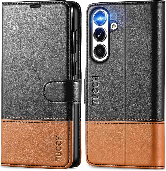 TUCCH Wallet Case for Galaxy S25 FE 5G, Magnetic PU Leather Stand [RFID Blocking] 4 Card Slots Folio Protective Cover with TPU Shockproof Inner Shell (6.7") 2025, Black & Brown