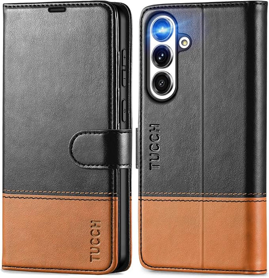 TUCCH Wallet Case for Galaxy S25 FE 5G, Magnetic PU Leather Stand [RFID Blocking] 4 Card Slots Folio Protective Cover with TPU Shockproof Inner Shell (6.7") 2025, Black & Brown