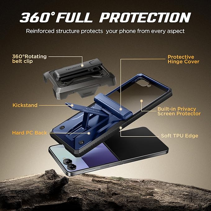 TONGATE for Z Flip 7 Case with Privacy Screen Protector, [Stand & Belt-Clip] [Hinge Protection] [Anti-Slip], Full-Body Military Grade Protective Phone Case for Samsung Galaxy Z Flip 7 5g 2025, Blue