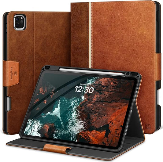 KingBlanc Case for iPad Pro 11 inch (M4) 2024 with Pencil Holder, Vegan Leather Smart Stand Cover, Auto Sleep Wake, Support Pencil Pro/(USB-C), Angles for Viewing/Writing, Durable Protection, Brown