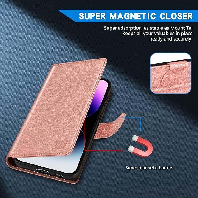 ZZXX for iPhone 14 Pro Max Wallet Case with [RFID Blocking] Card Slot Kickstand Magnetic Closure Leather Flip Fold Protective Phone Case for iPhone 14 Pro Max Case Wallet(Rose Gold-6.7 inch)