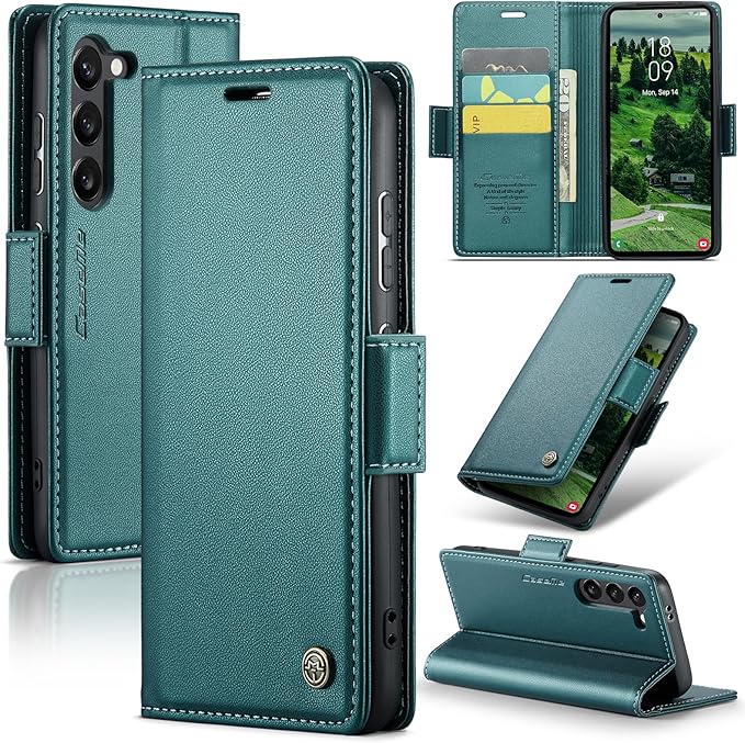 AUPAI for Samsung Galaxy S23 Plus Wallet Case with Credit Card Holder, PU Leather RFID Blocking Folio Flip Kickstand Magnetic Clasp Protective Phone Cover for Women Men Cyan