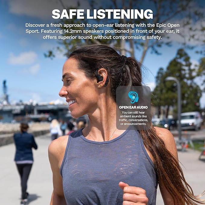 JLab Epic Open Sport Earbuds, Black, Wireless Open-Ear Audio Freedom Effortless Fit, Safe Listening, Bluetooth Multipoint, Customize with The App