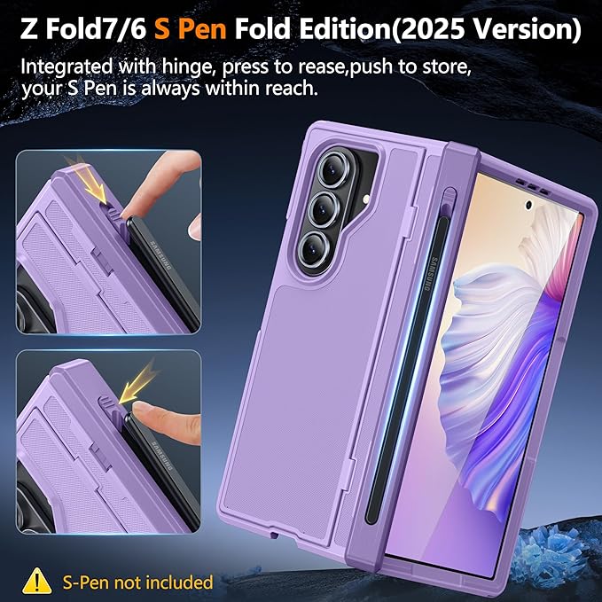 Oterkin for Samsung Galaxy Z Fold 6 Case Built-in Screen Protector [Thinner S Pen Holder & Kickstand] [Hinge Protection] Full Body Shockproof Phone Case for Z Fold 6, Purple