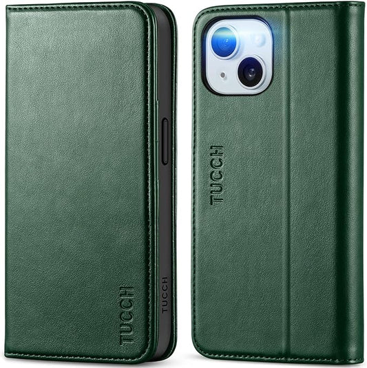 TUCCH Wallet Case for iPhone 15 6.1", Kickstand PU Leather Flip Folio Book Case with 3 Credit Card Holder RFID Blocking [Shockproof TPU Interior Case] Compatible with iPhone 15 5G 2023, Dark Green