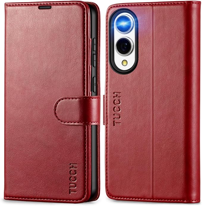 TUCCH Wallet Case for Galaxy S25 Edge, Magnetic Kickstand RFID Blocking [4 Card Slots] Folio PU Leather Protective Flip Cover with TPU Shockproof Inner Case Compatible with Galaxy S25 Edge, Dark Red