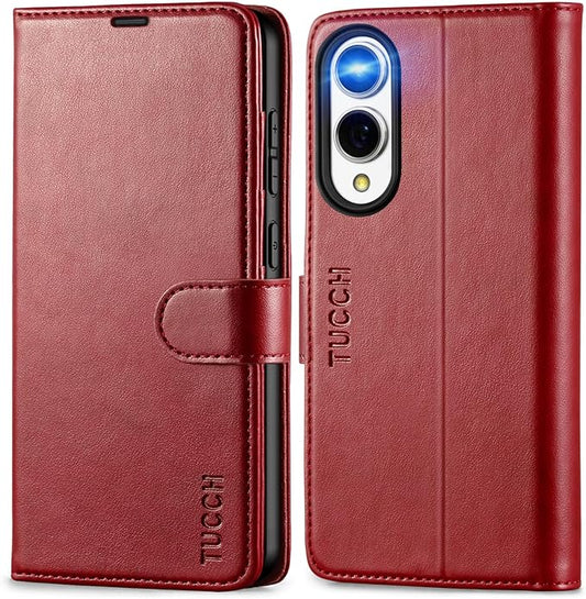 TUCCH Wallet Case for Galaxy S25 Edge, Magnetic Kickstand RFID Blocking [4 Card Slots] Folio PU Leather Protective Flip Cover with TPU Shockproof Inner Case Compatible with Galaxy S25 Edge, Dark Red
