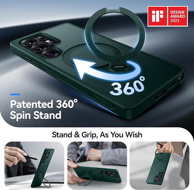 CASEKOO Patented 360° Spin Magnetic Stand for Samsung Galaxy S25 Ultra Case [18FT Military Drop Protection] [Compatible with MagSafe] Matte Translucent Slim S25 Ultra Case 6.9'' 2025, Green