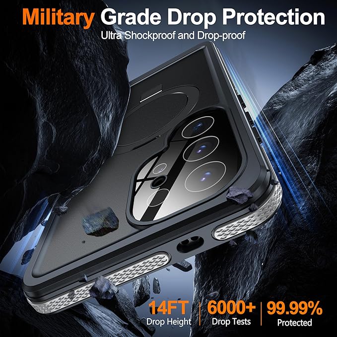 Magnetic & Stand for Samsung Galaxy S25 Ultra Case Waterproof[Built-in Screen Protector][Fit for Magsafe][Invisible Kickstand] 360° Full Body Sealed Protective Dustproof Shockproof Case Black