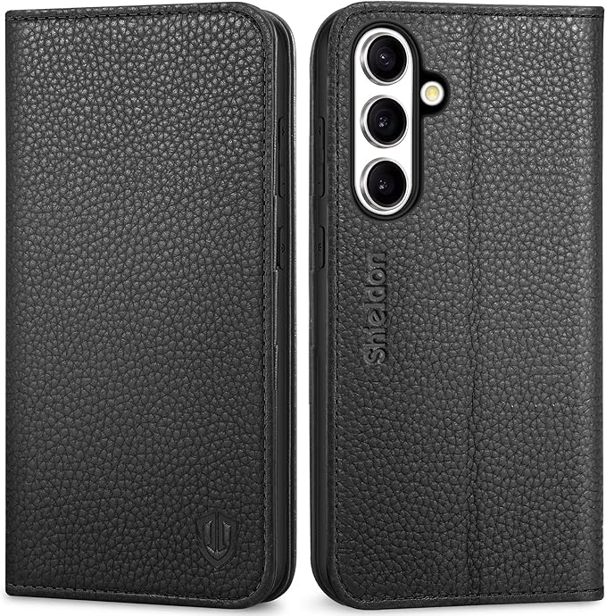 SHIELDON Wallet Case for Galaxy S25+ 5G, Genuine Leather Folding Case with Kickstand RFID Blocking Card Slots Magnetic Shockproof Phone Cover Compatible with Galaxy S25 Plus 6.7" - Pebbled Black