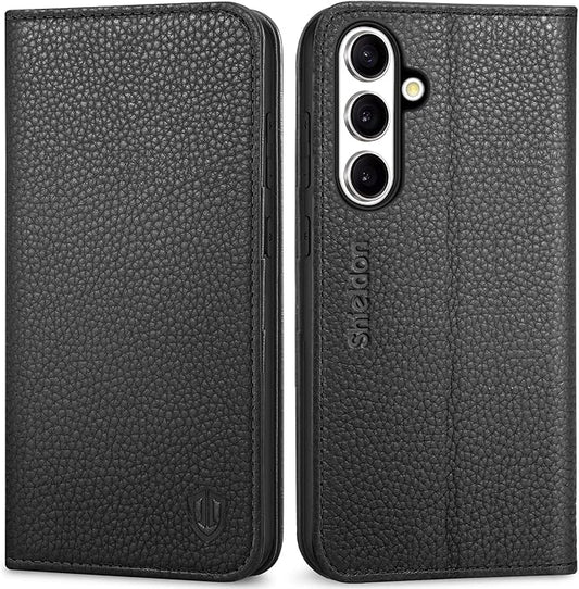 SHIELDON Wallet Case for Galaxy S25+ 5G, Genuine Leather Folding Case with Kickstand RFID Blocking Card Slots Magnetic Shockproof Phone Cover Compatible with Galaxy S25 Plus 6.7" - Pebbled Black