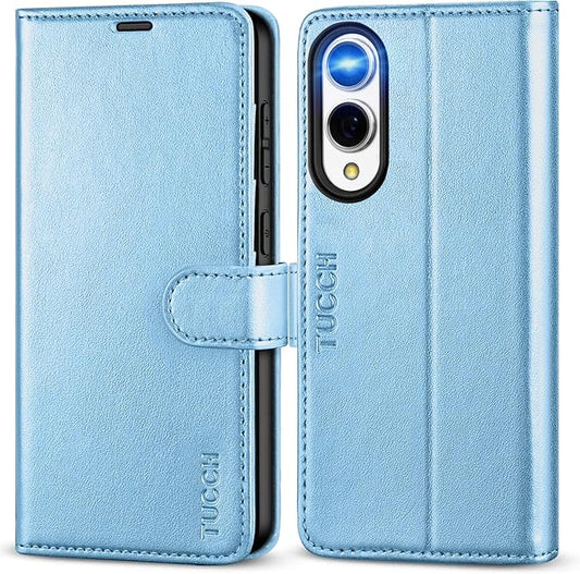 TUCCH Case Wallet for Galaxy S25 Edge 5G, Magnetic PU Leather Kickstand [RFID Blocking] [4 Card Slots] Flip Cover with [TPU Shockproof Interior Case] Compatible with Galaxy S25 Edge, Pearly Light Blue