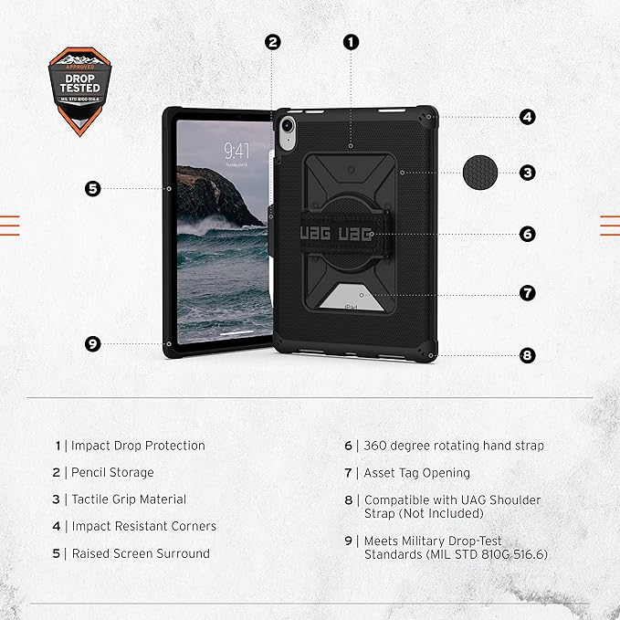 URBAN ARMOR GEAR UAG Designed for iPad 11" A16 11th Gen 2025, 10.9" 10th Gen 2022 Case A3354 A3355 A2696 - Rugged Protective Folio Cover w/Adjustable Handstrap & Pencil Holder, Metropolis Black