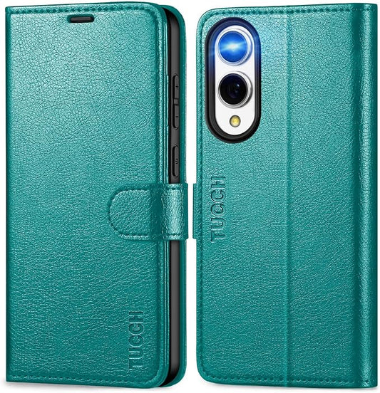TUCCH Wallet Case for Galaxy S25 Edge 5G, Magnetic PU Leather Kickstand [RFID Blocking] [4 Card Slots] Folio Cover with [TPU Shockproof Inner Shell] Compatible with Galaxy S25 Edge 6.7" 2025, Cyan