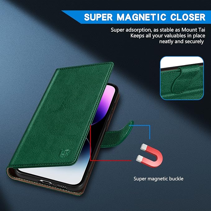 ZZXX for iPhone 14 Pro Max Wallet Case with [RFID Blocking] Card Slot Kickstand Magnetic Closure Leather Flip Fold Protective Phone Case for iPhone 14 Pro Max Case Wallet(Green-6.7 inch)